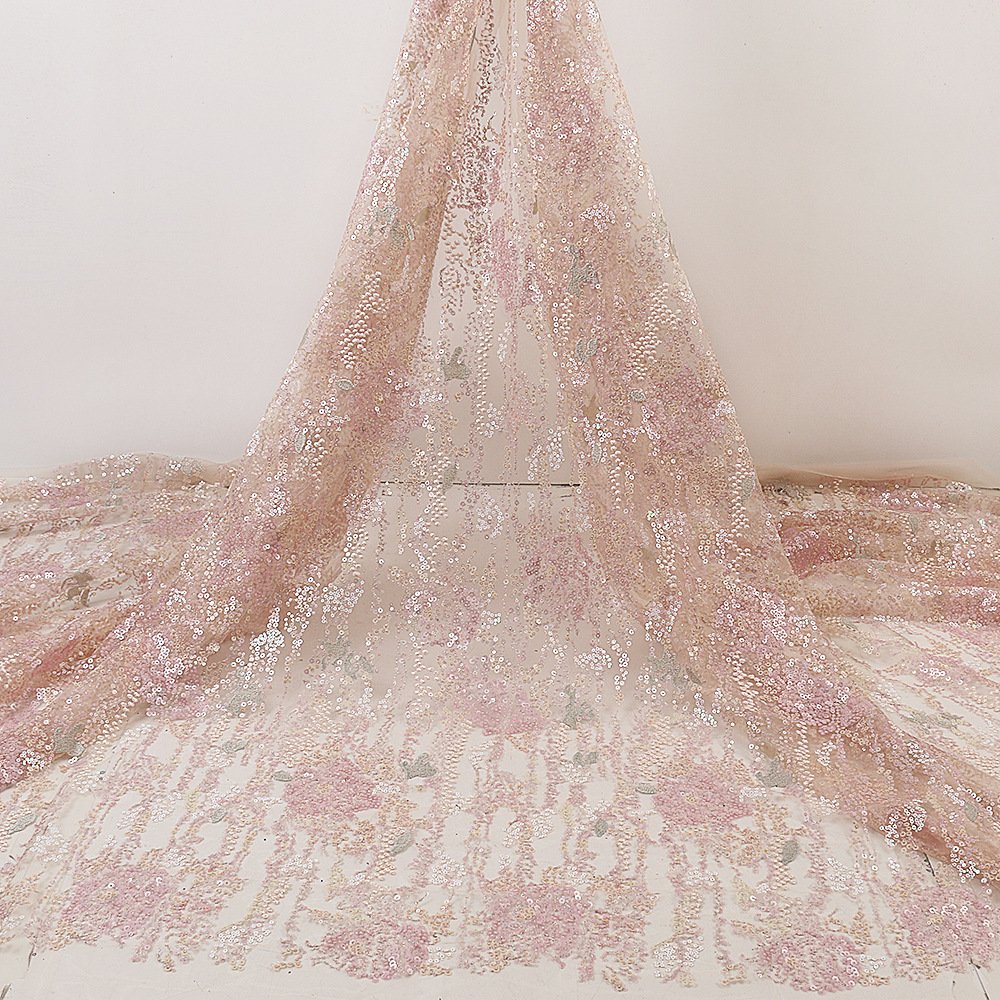 Hot Selling 3D Bead Tube Tulle Polyester Printed Evening Wedding Dress Party Lace Sequins Embroidery Fabrics