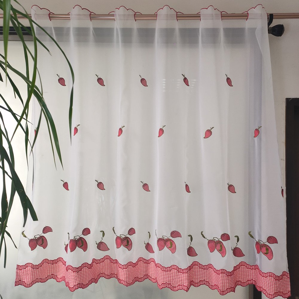 China manufacturer design nice cheap short embroidery fruit curtain fabric for kitchen