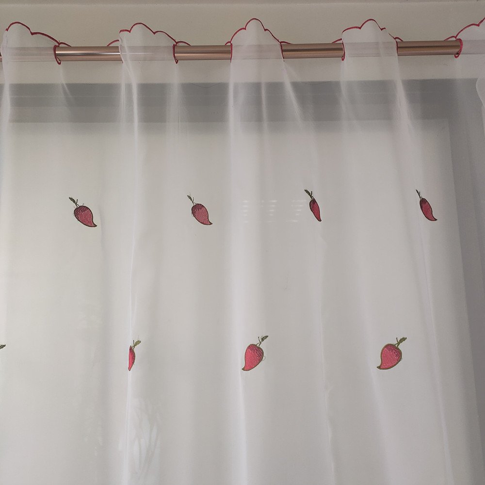 China manufacturer design nice cheap short embroidery fruit curtain fabric for kitchen