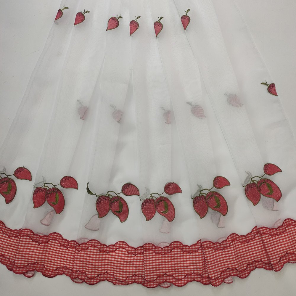 China manufacturer design nice cheap short embroidery fruit curtain fabric for kitchen
