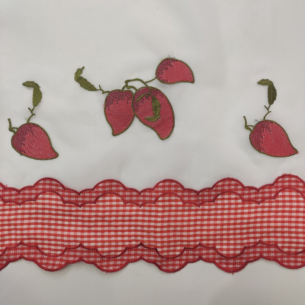 China manufacturer design nice cheap short embroidery fruit curtain fabric for kitchen