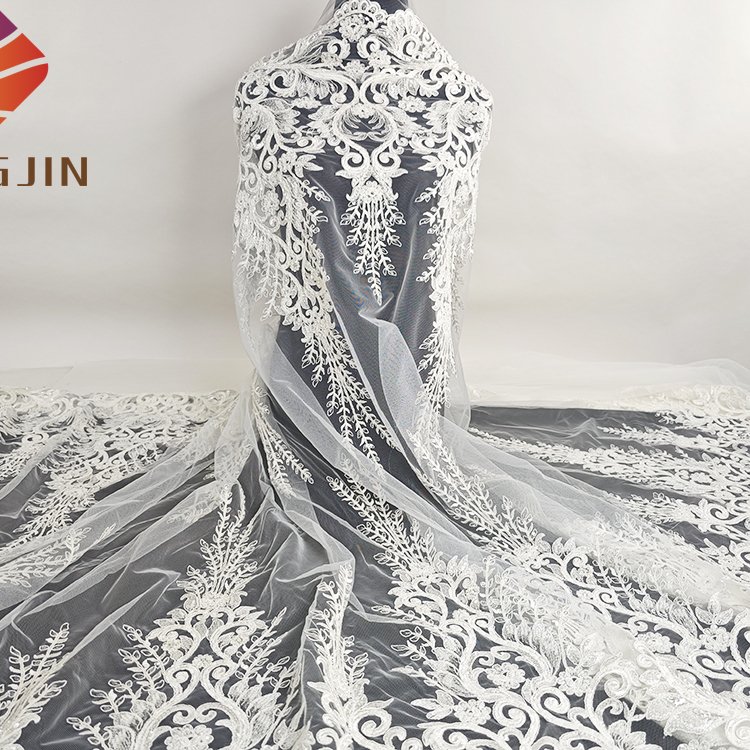 New Design Sequin Embroidered Mesh Fabric Luxury Hand Made Beaded Lace Fabric With Pearls For Bridal Dresses