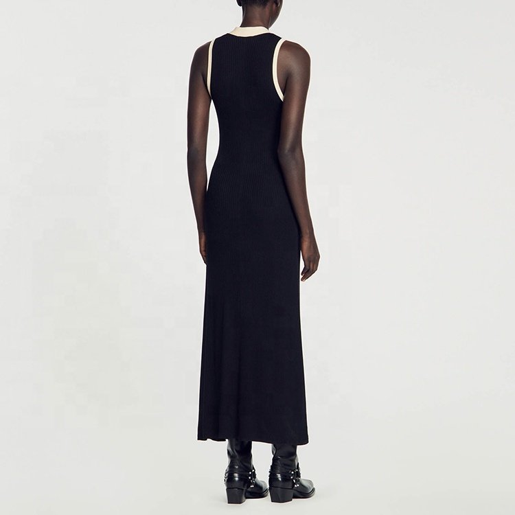 Knitwear manufacturer spring summer black v neck sleeveless single breasted ribbed knit women sweater dress
