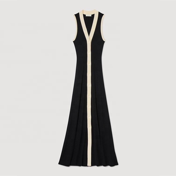 Knitwear manufacturer spring summer black v neck sleeveless single breasted ribbed knit women sweater dress