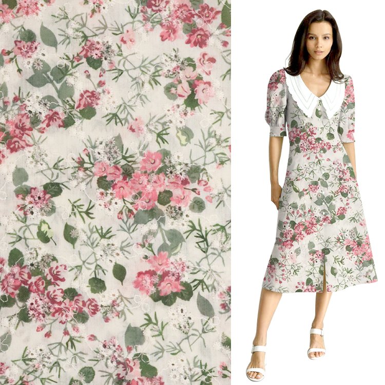 hollow out women dress material custom pattern poplin digltai printing eyelet cotton swiss voile lace embroidery fabric