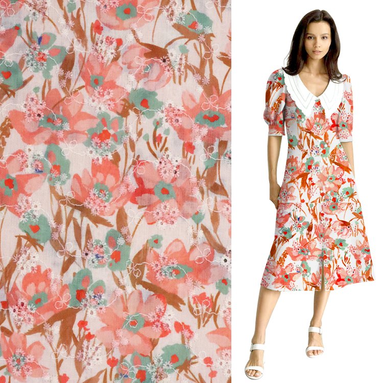 hollow out women dress material custom pattern poplin digltai printing eyelet cotton swiss voile lace embroidery fabric
