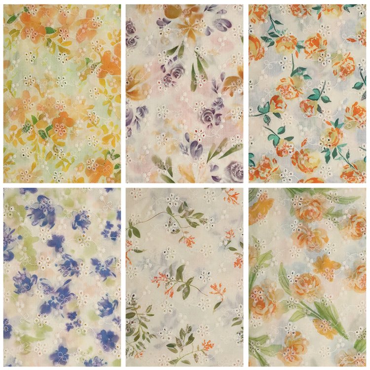 hollow out women dress material custom pattern poplin digltai printing eyelet cotton swiss voile lace embroidery fabric