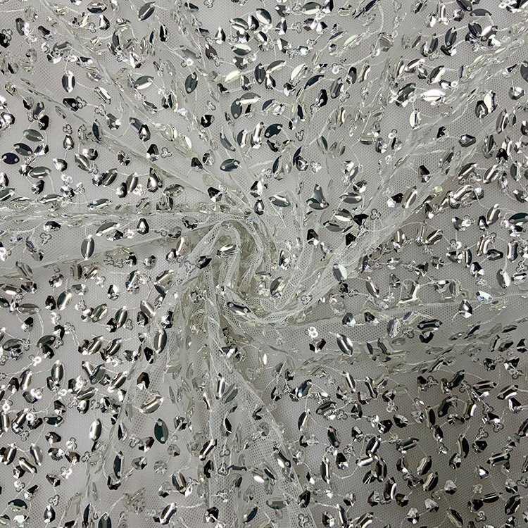 Shiny cheap blingbling mesh tulle lace embroidered crystal large sequin fabric for wedding dance dress S-11771