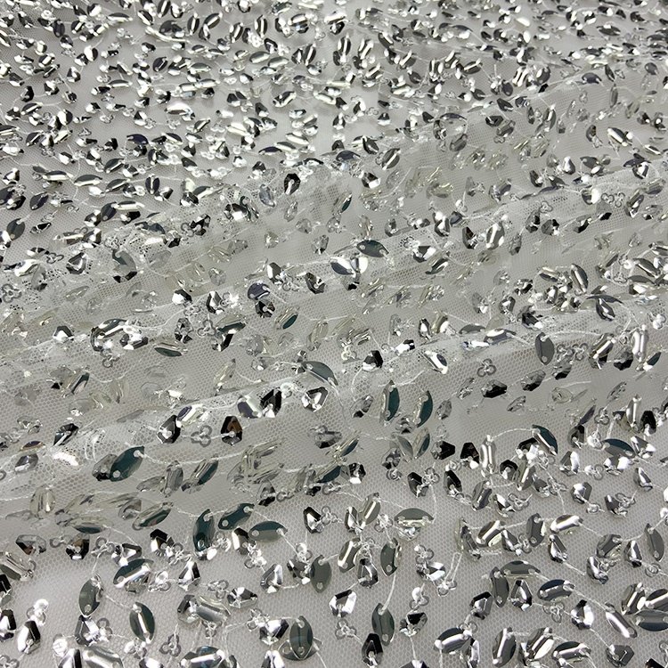 Shiny cheap blingbling mesh tulle lace embroidered crystal large sequin fabric for wedding dance dress S-11771