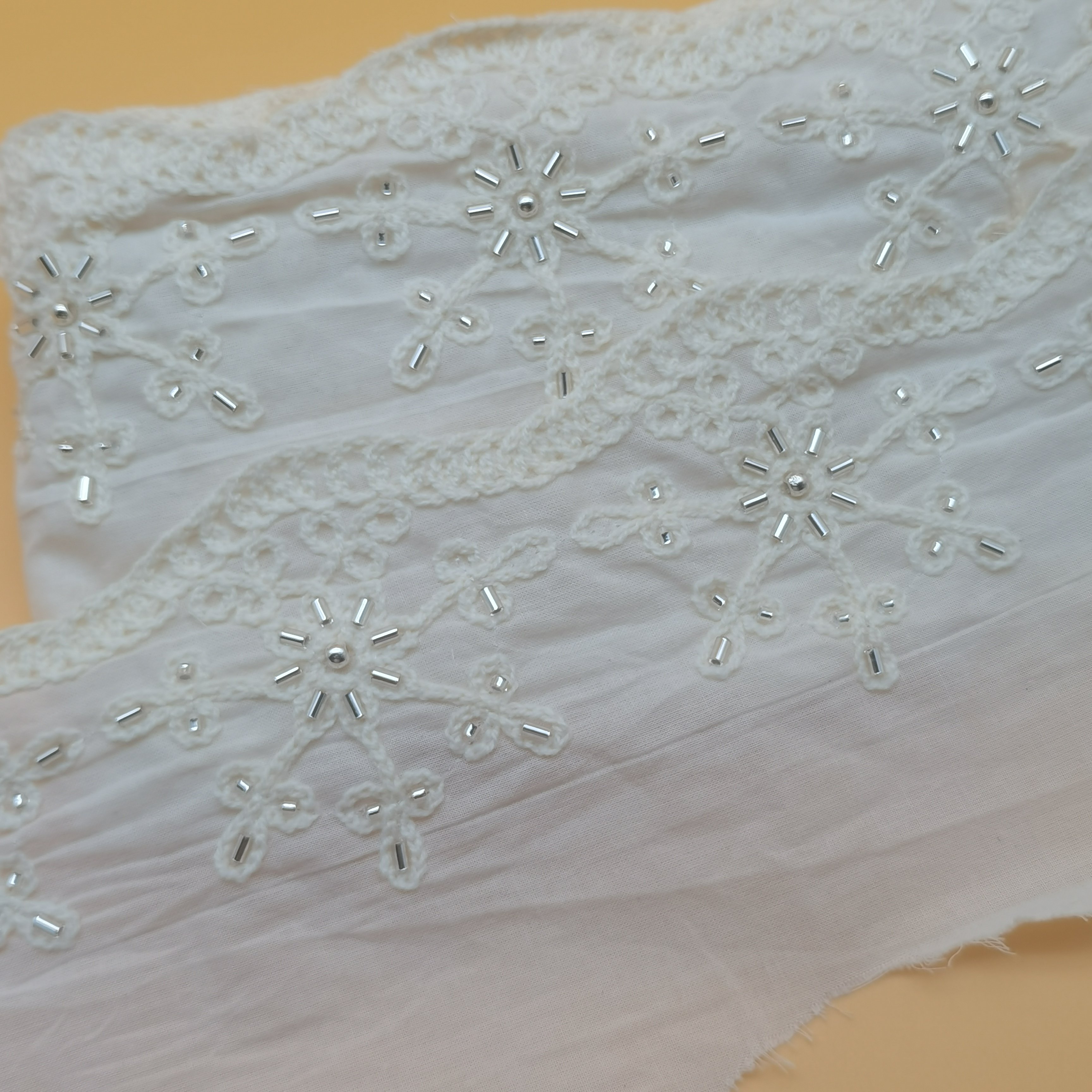 100% Cotton Beaded Lace Trim Embroidery Fabric Elegant Dress & Clothes Trimmed with Beautiful Beaded Lace Customizable