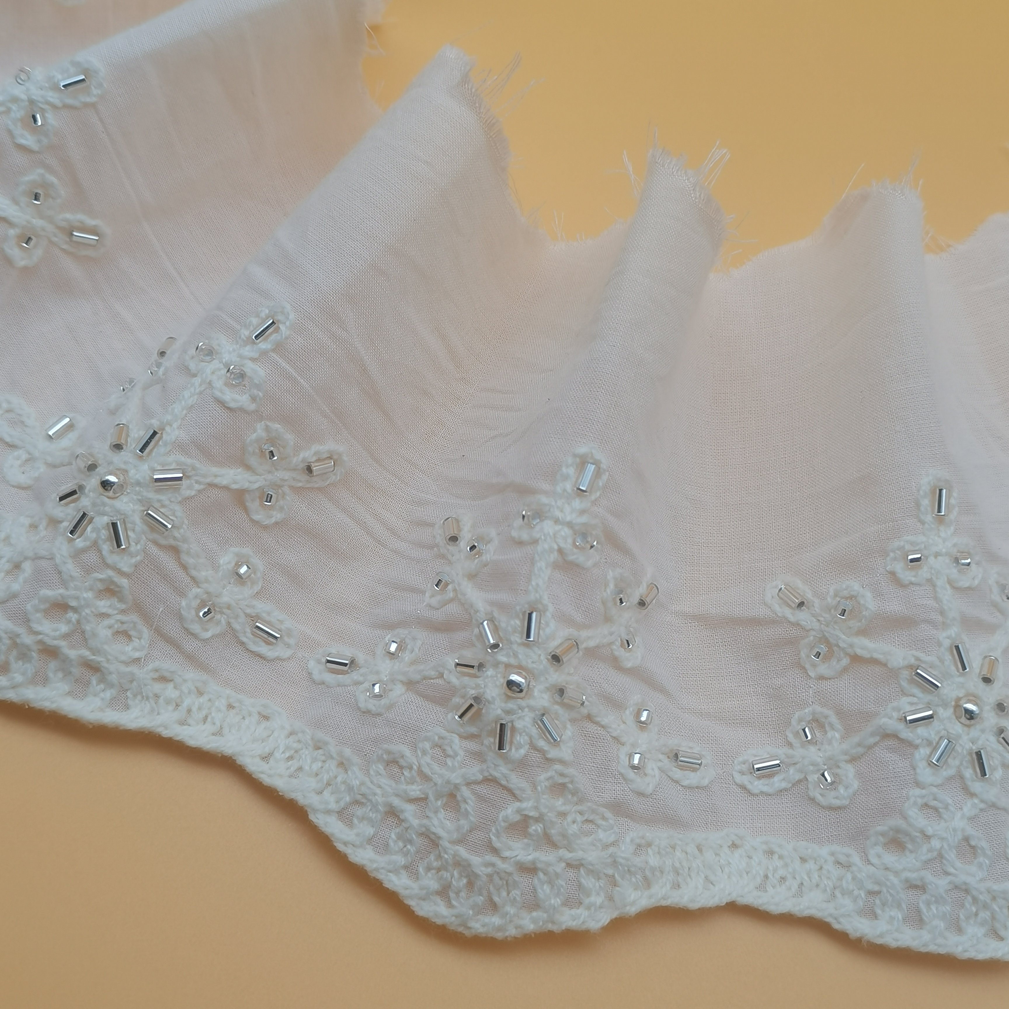 100% Cotton Beaded Lace Trim Embroidery Fabric Elegant Dress & Clothes Trimmed with Beautiful Beaded Lace Customizable