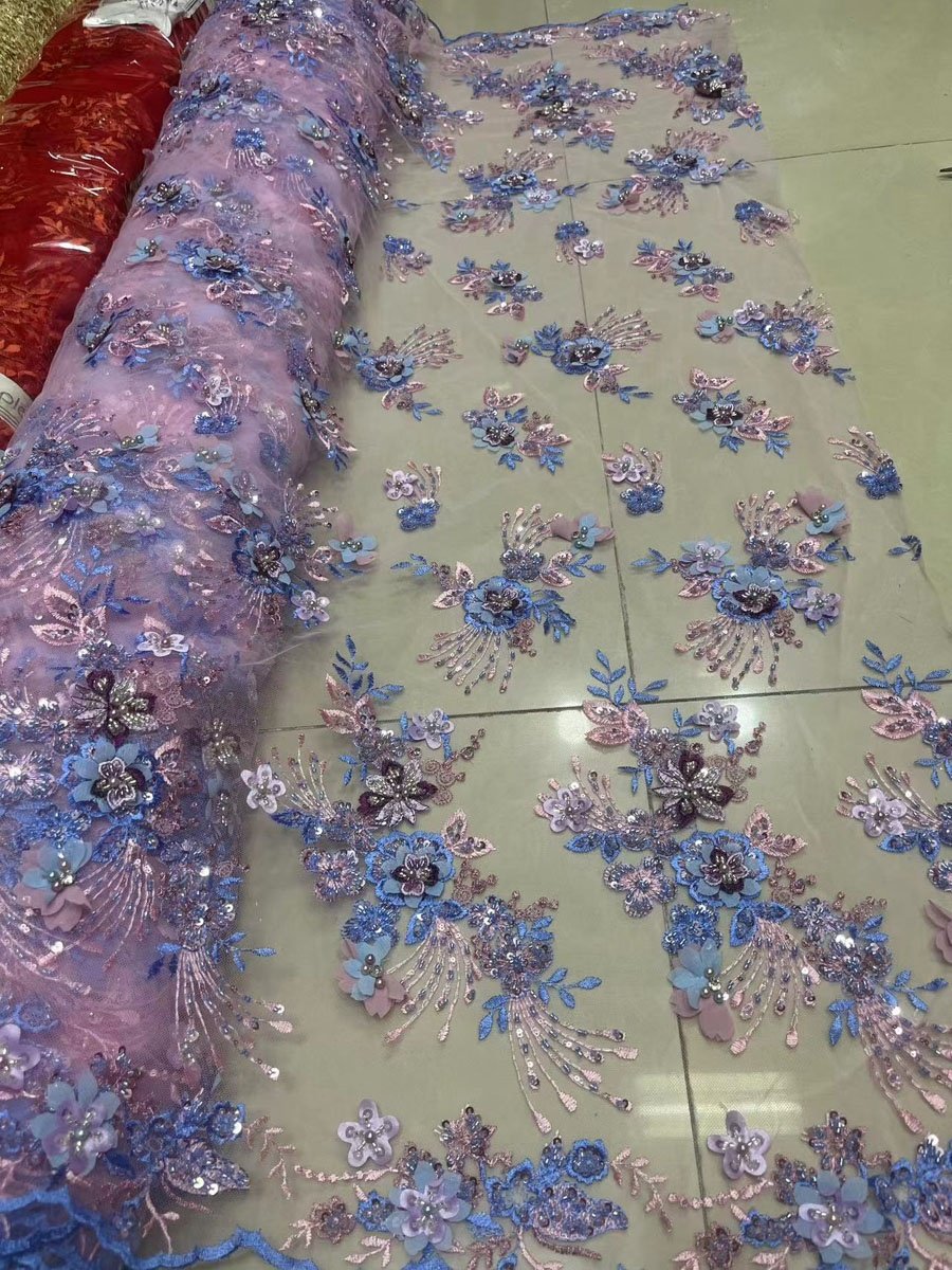 latest fashion 3d flower embroidery lace fabric with multi color beaded sequin lace applique for dresses