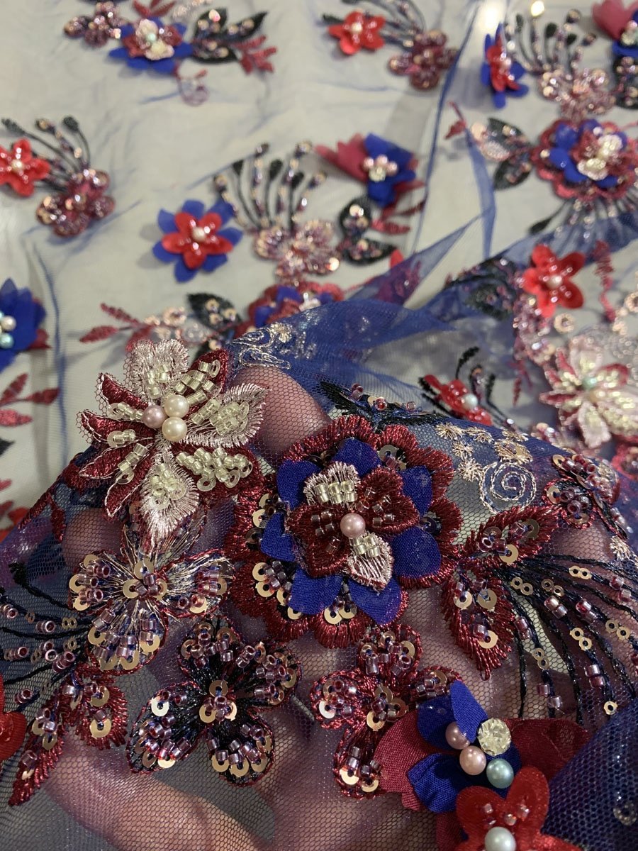 latest fashion 3d flower embroidery lace fabric with multi color beaded sequin lace applique for dresses