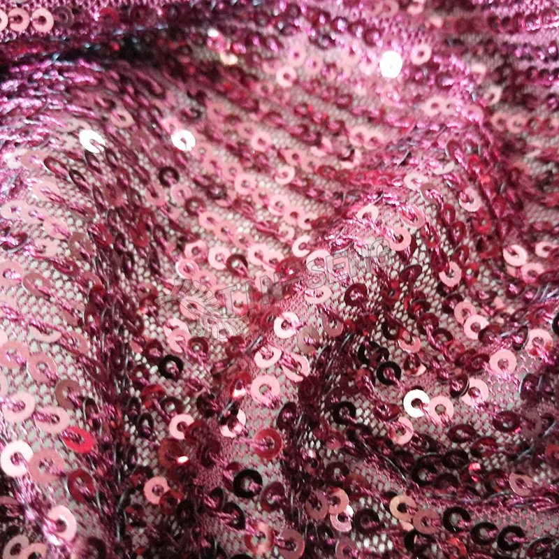 Burgundy Stripe Embroidery Fabric for Evening Dress , Shiny Sequin Net Embroidery Fabric with Soft Hand feel