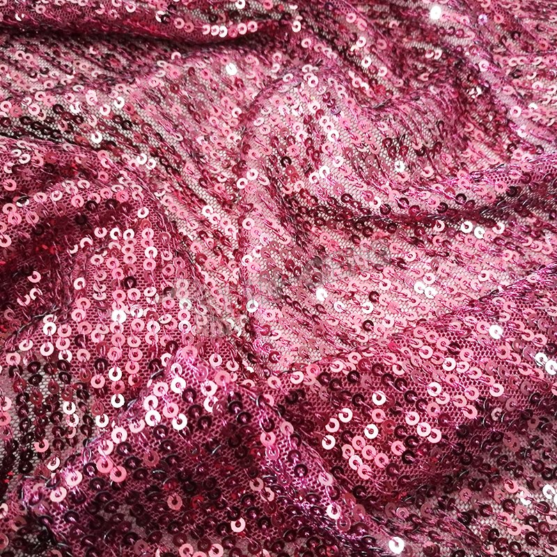 Burgundy Stripe Embroidery Fabric for Evening Dress , Shiny Sequin Net Embroidery Fabric with Soft Hand feel
