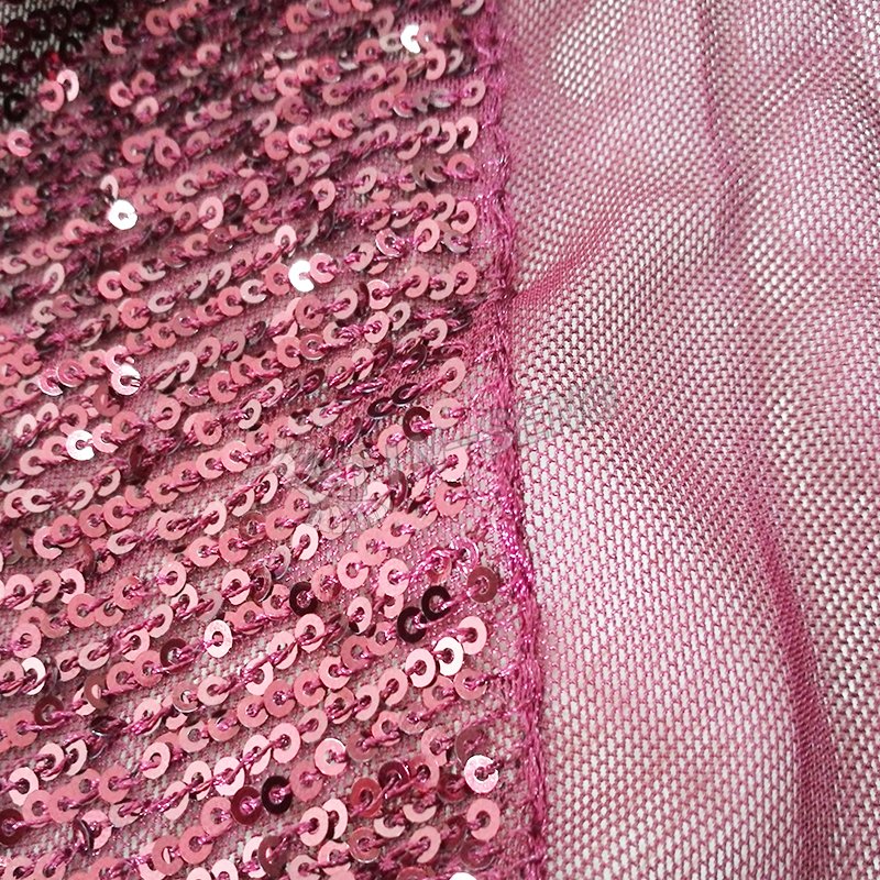 Burgundy Stripe Embroidery Fabric for Evening Dress , Shiny Sequin Net Embroidery Fabric with Soft Hand feel