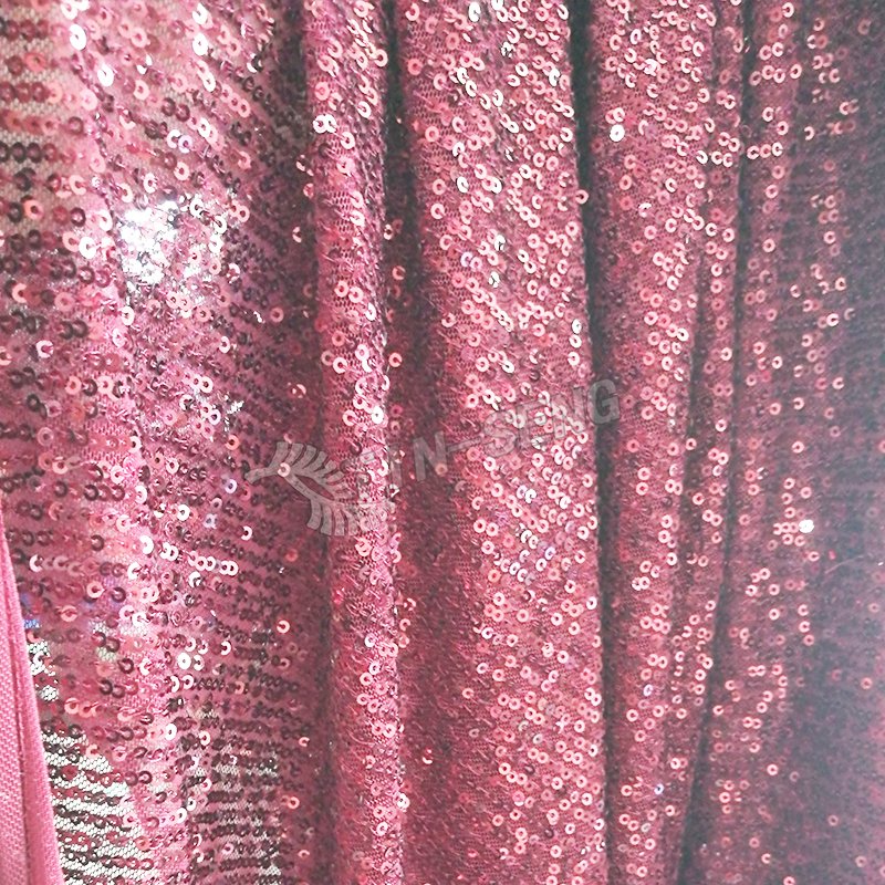 Burgundy Stripe Embroidery Fabric for Evening Dress , Shiny Sequin Net Embroidery Fabric with Soft Hand feel