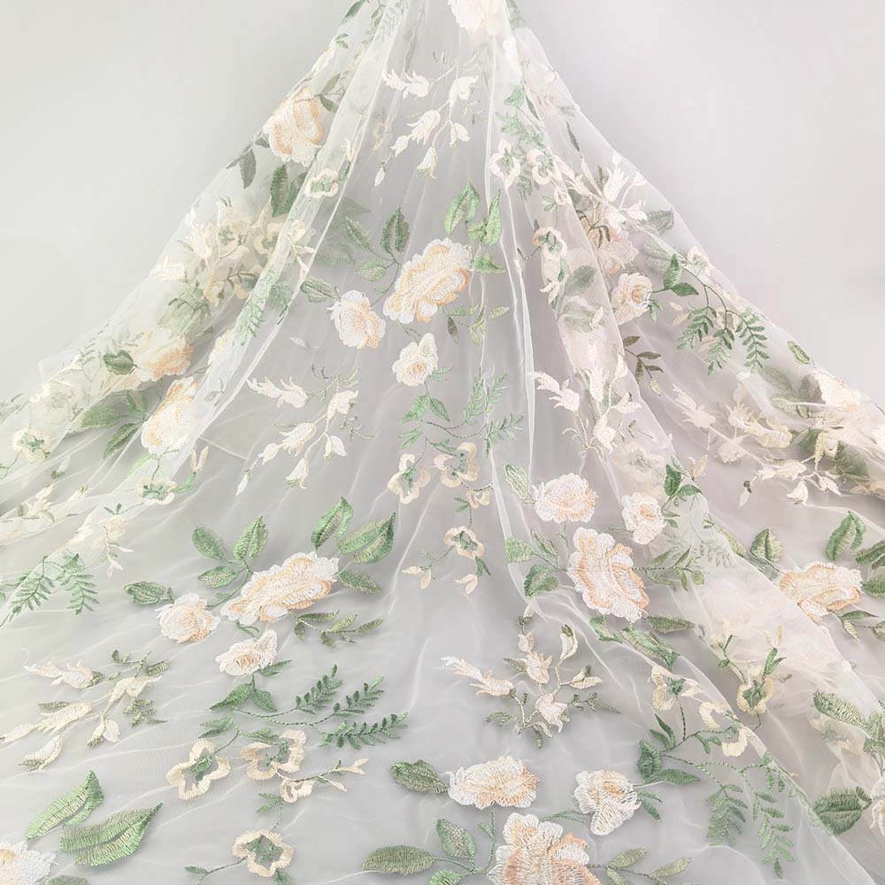 Hot selling 3d floral embroidered lace fabric 100% polyester lace fabric for dress