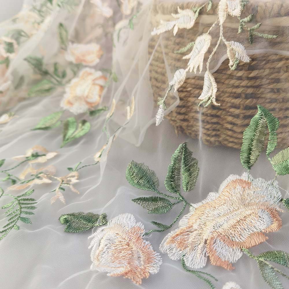 Hot selling 3d floral embroidered lace fabric 100% polyester lace fabric for dress