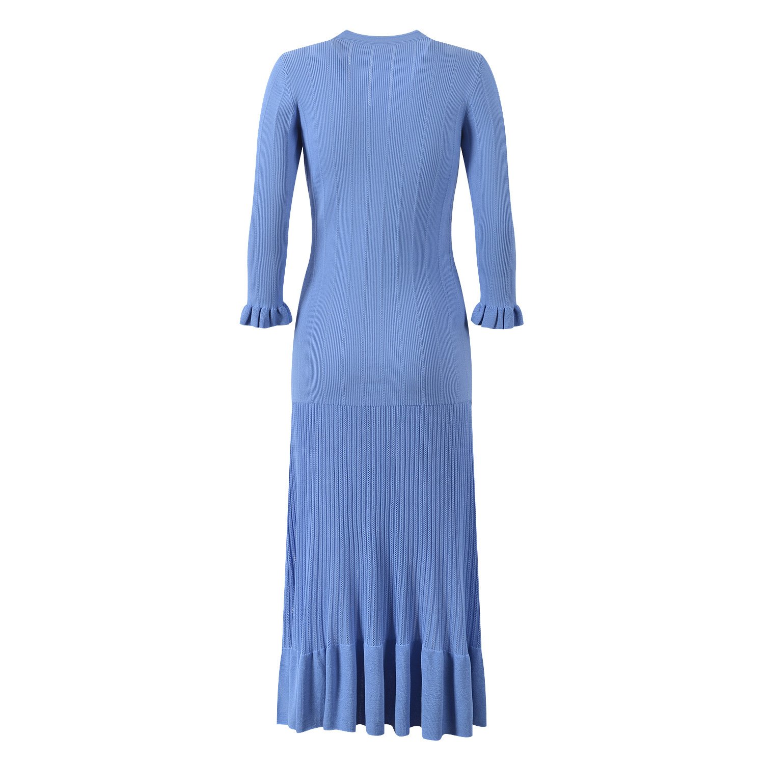 Summer Autumn Elegant Pure Color V Neck Long Sleeve Rib Knit Maxi Dress Women