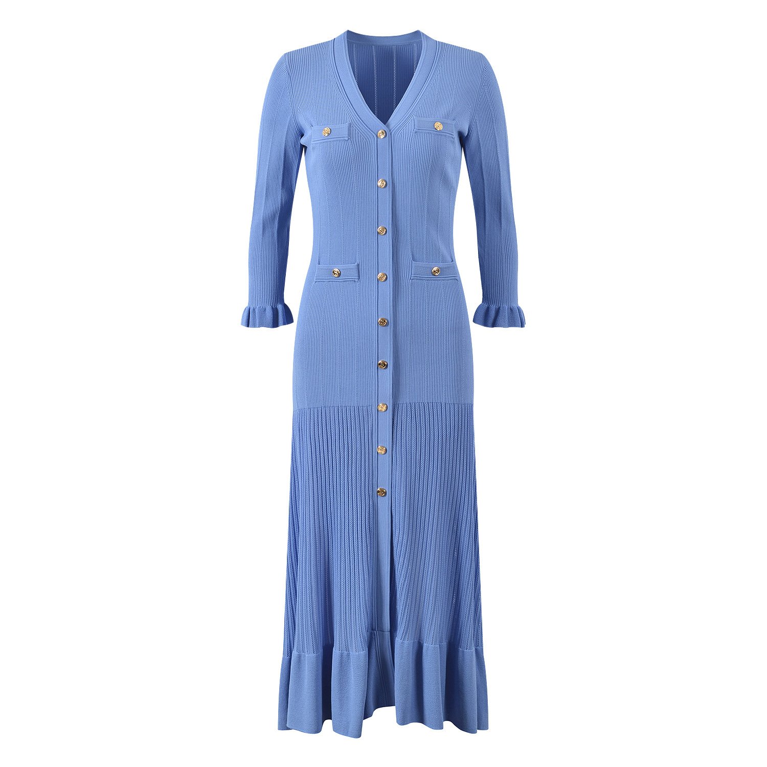 Summer Autumn Elegant Pure Color V Neck Long Sleeve Rib Knit Maxi Dress Women