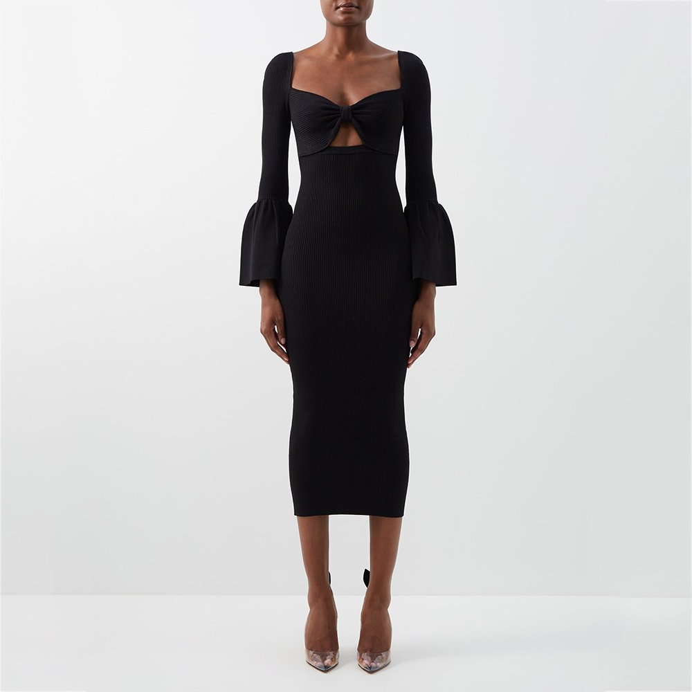 knitwear manufacturer Custom black casual women dress Cutout elegant ribbed knitted midi sweater dress elegant women clothing