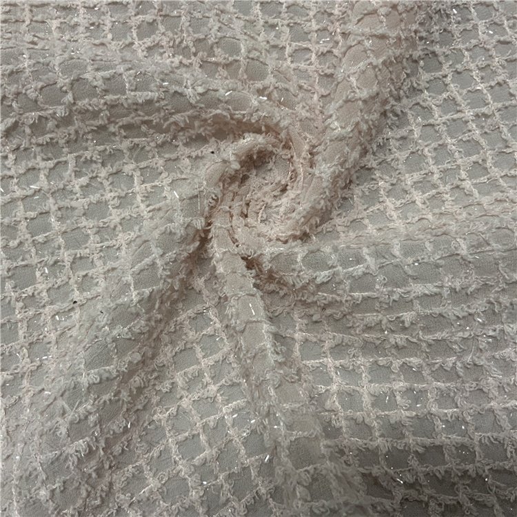 Fancy embroidered polyester pink checked hook embroidery chiffon dress fabric for lady garment