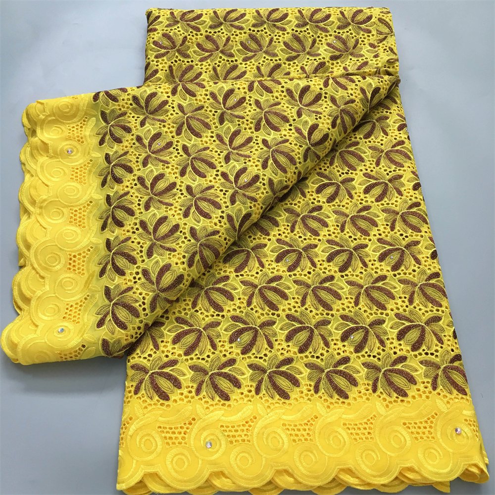 3957 Golden Color Wholesale Nigerian Cotton Embroidery Fabrics White African Swiss Voile Lace Fabric with Rhinestones