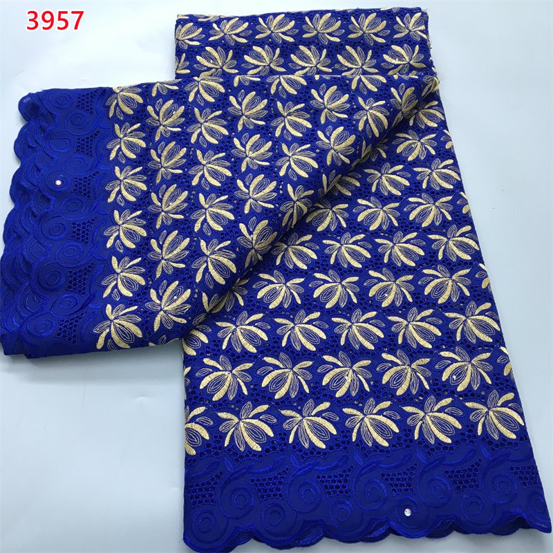 3957 Golden Color Wholesale Nigerian Cotton Embroidery Fabrics White African Swiss Voile Lace Fabric with Rhinestones