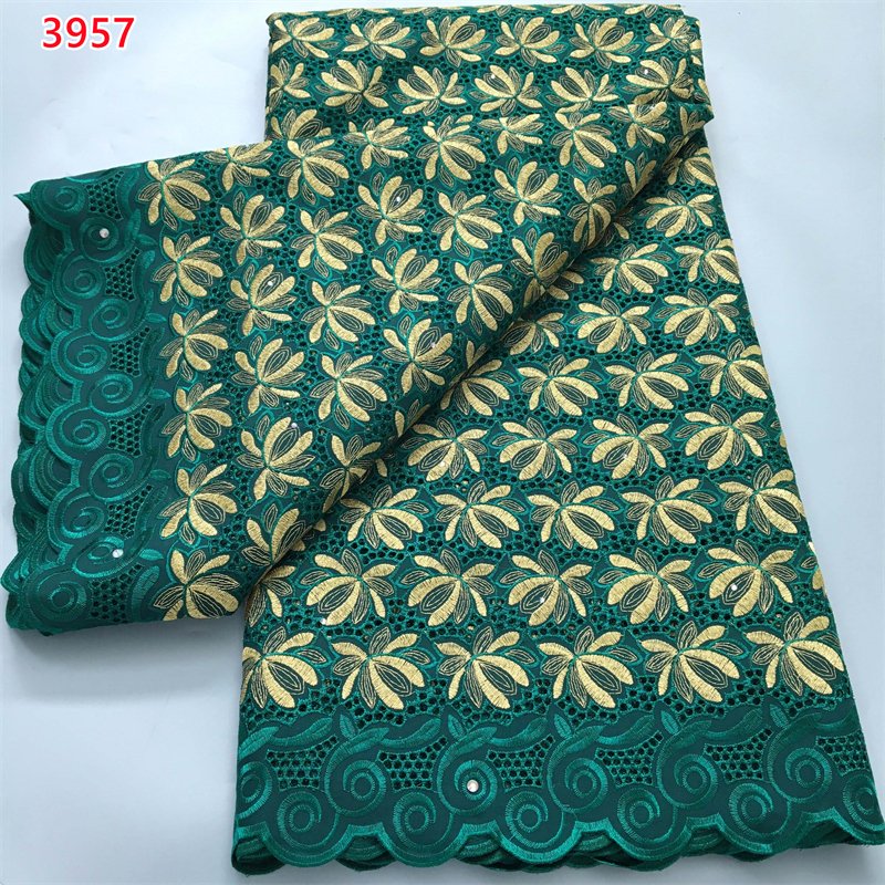 3957 Golden Color Wholesale Nigerian Cotton Embroidery Fabrics White African Swiss Voile Lace Fabric with Rhinestones