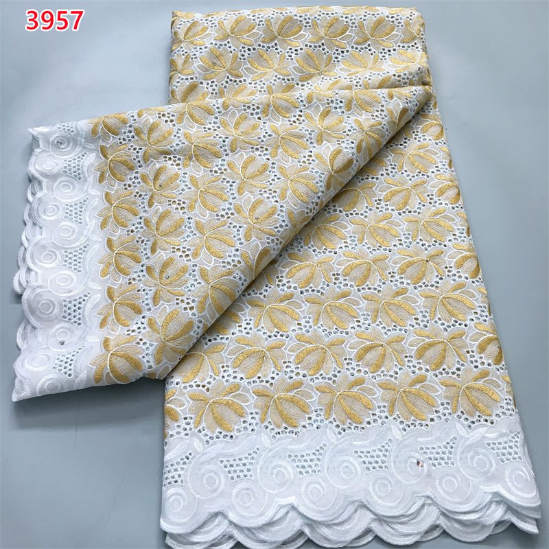 3957 Golden Color Wholesale Nigerian Cotton Embroidery Fabrics White African Swiss Voile Lace Fabric with Rhinestones