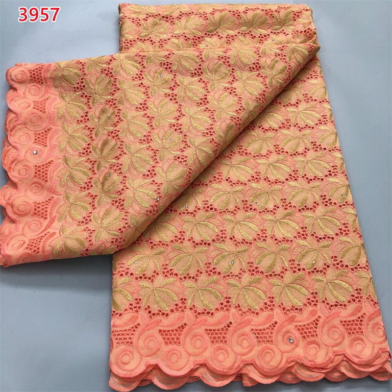 3957 Golden Color Wholesale Nigerian Cotton Embroidery Fabrics White African Swiss Voile Lace Fabric with Rhinestones
