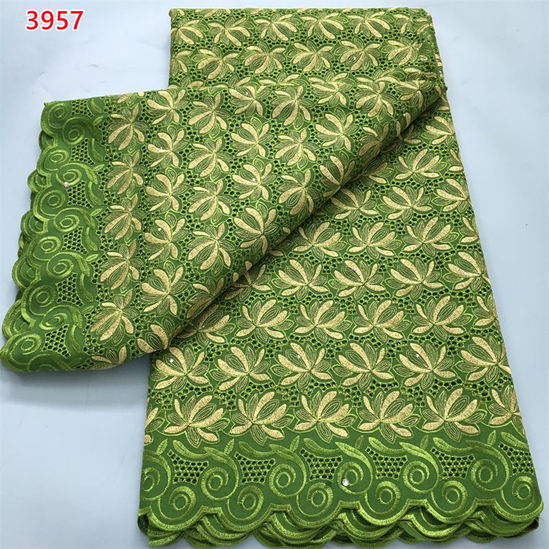 3957 Golden Color Wholesale Nigerian Cotton Embroidery Fabrics White African Swiss Voile Lace Fabric with Rhinestones