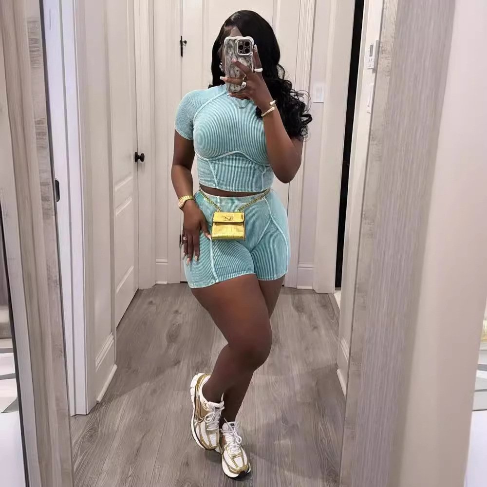 High Quality Cotton Ribbed Two Piece Set Women Clothing Crop Top Shorts Set Washed Distressed 2 Piece Set For Women 2024 Summer