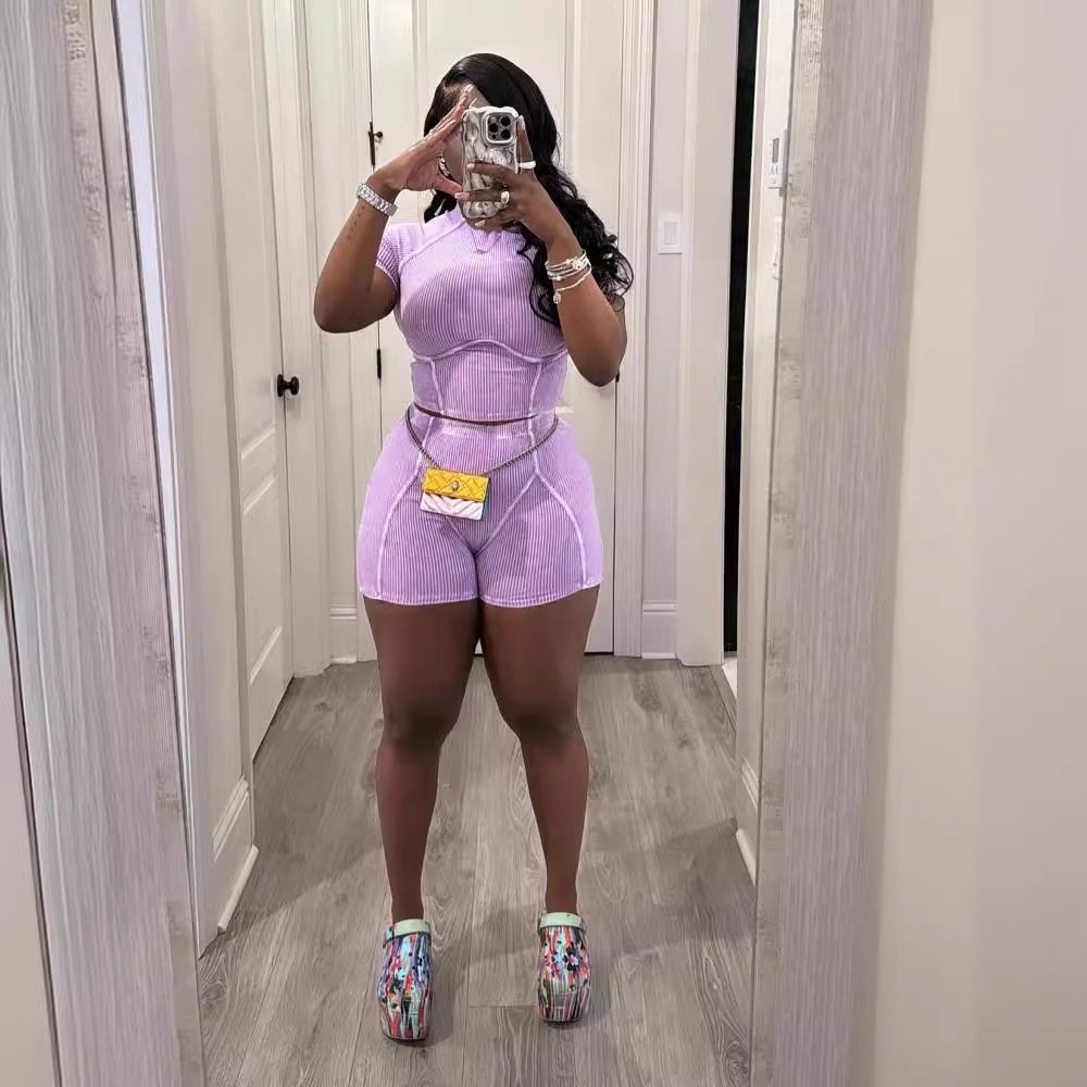 High Quality Cotton Ribbed Two Piece Set Women Clothing Crop Top Shorts Set Washed Distressed 2 Piece Set For Women 2024 Summer