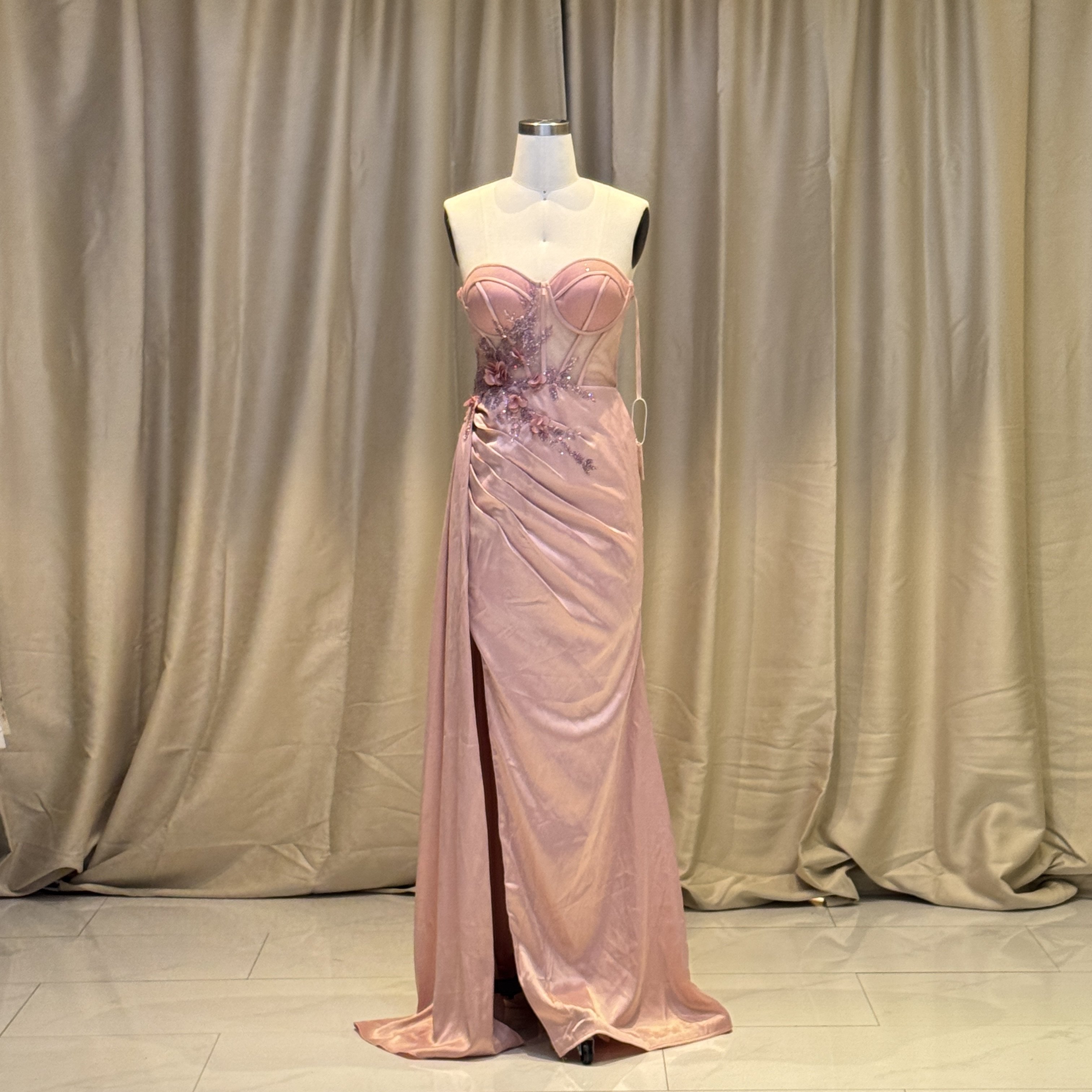 Hot Hand-Pleated Bodice Square Neckline Dress Straight Silhouette Prom High Slit Rhinestones Lace Back Soft Drapes Party
