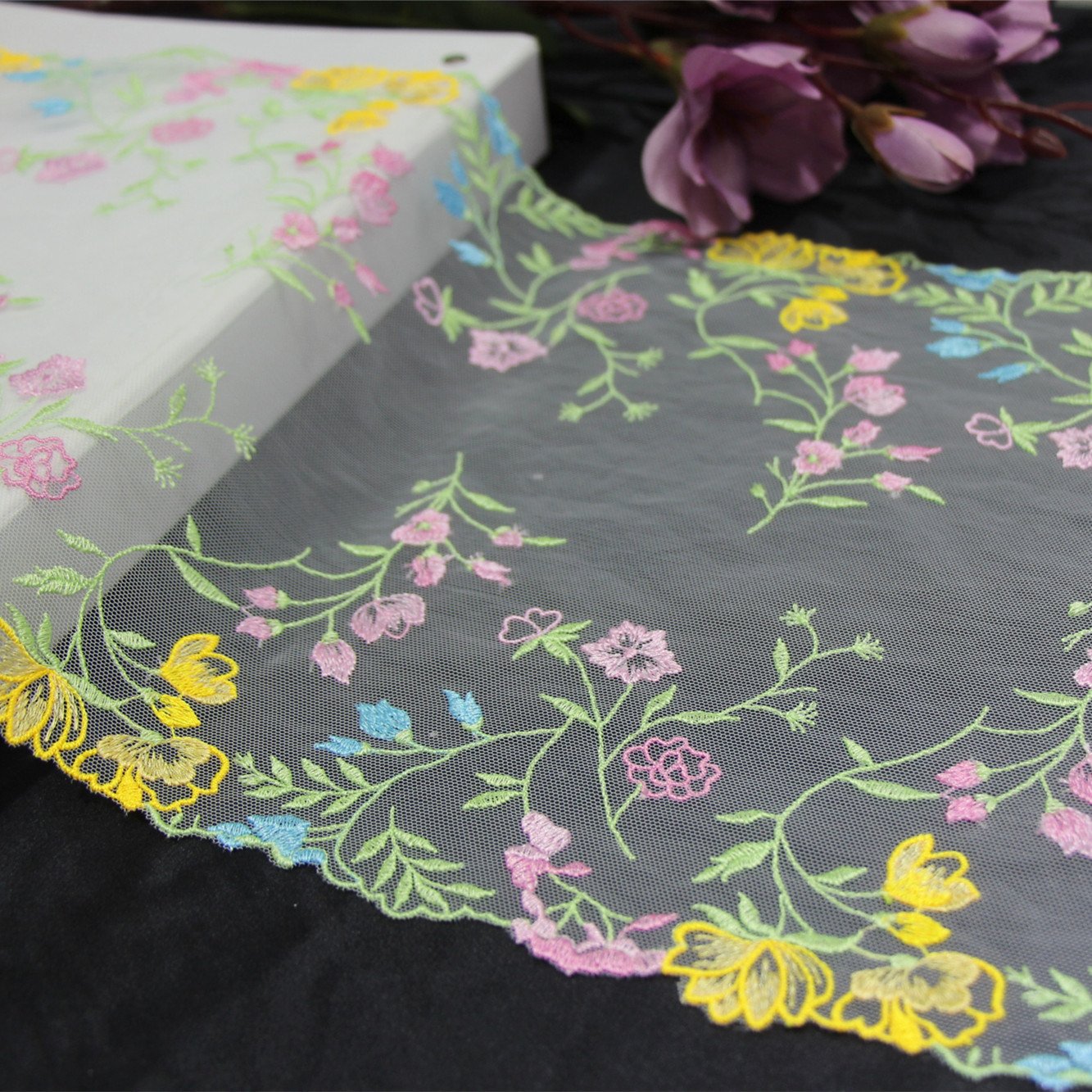 Wholesale Factory 3D Pink Tulle Colorful Fine Flower Embroidery Lace Trim Voile Lace Fabric For Women Lingerie