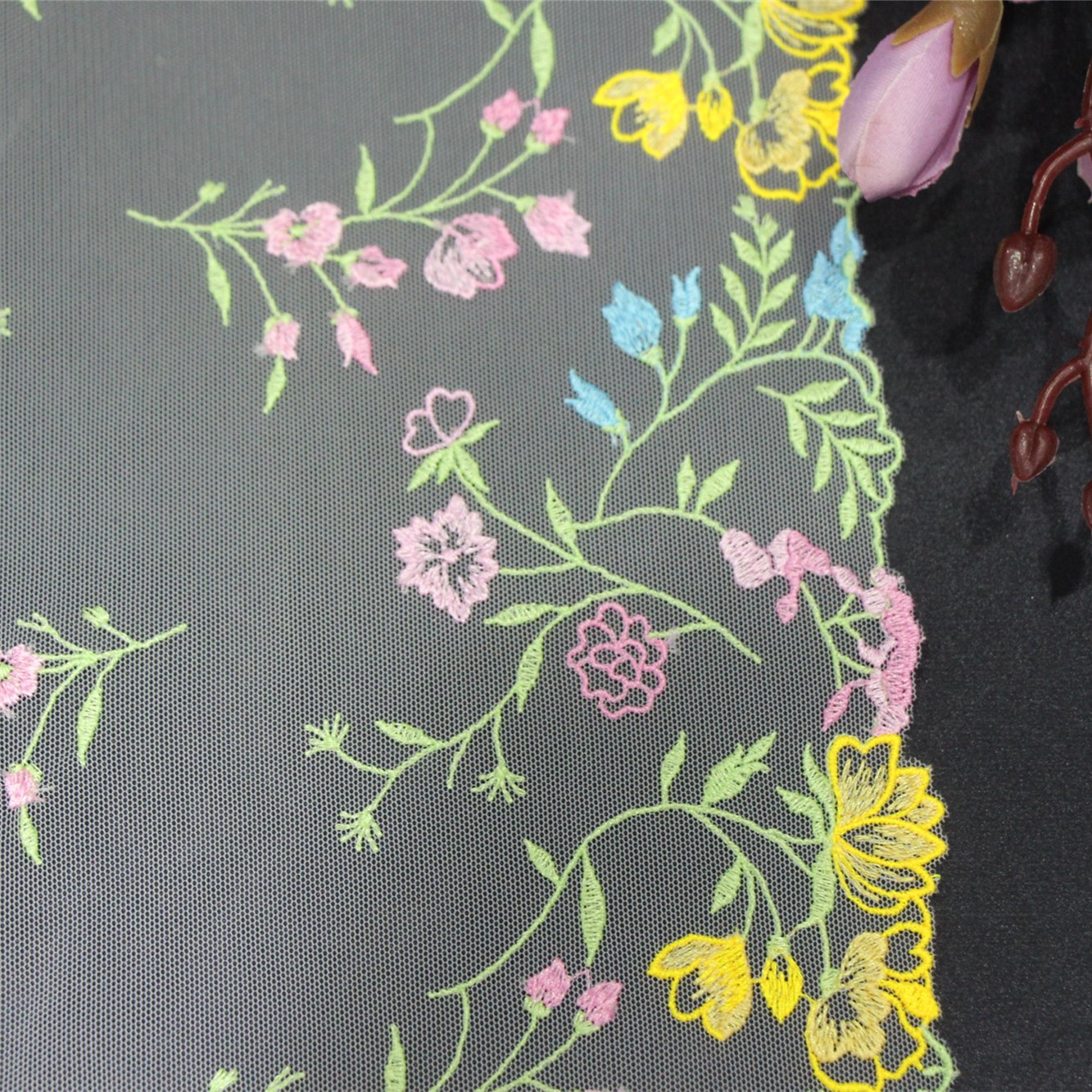 Wholesale Factory 3D Pink Tulle Colorful Fine Flower Embroidery Lace Trim Voile Lace Fabric For Women Lingerie