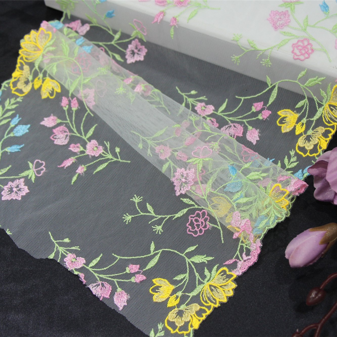 Wholesale Factory 3D Pink Tulle Colorful Fine Flower Embroidery Lace Trim Voile Lace Fabric For Women Lingerie
