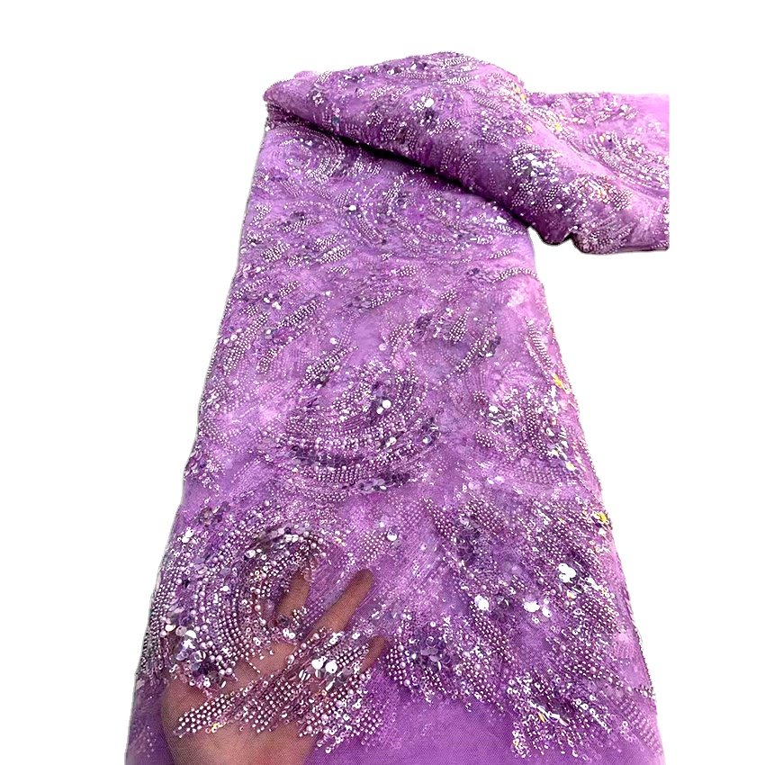 Ankara Pink French Plush Net Tulle Bright Mesh Embroidered Sequin Fabric Clothes Embroidery Lace Fabric Jacquard Fabric Woven