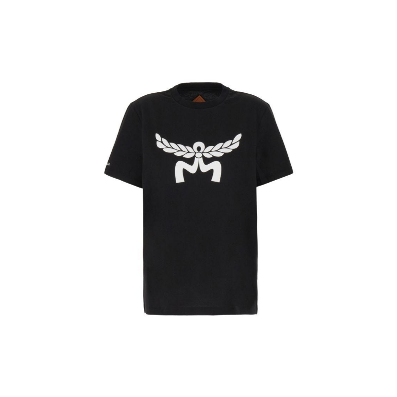 Careful Selection MCM Black Pure Cotton T Shirt With Contrasting Embroidered Logo On The Sleeve