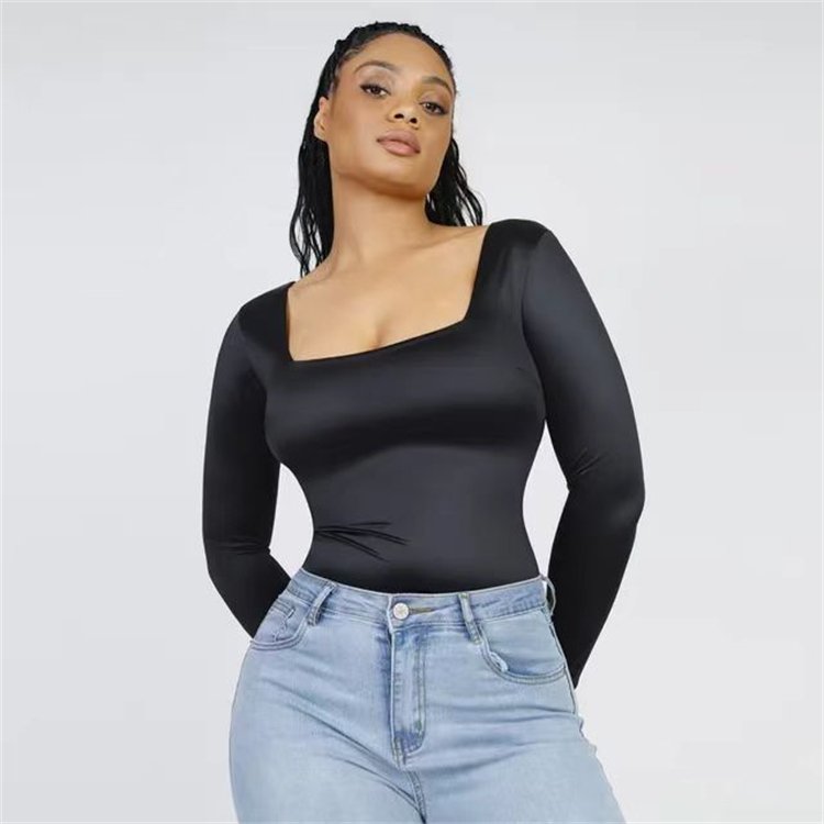 Women Long Sleeve Tops Wide Scoop Neckline and a Flattering Curved Hemline Double-Layered Soft Stretch Black Basic Cut Tops