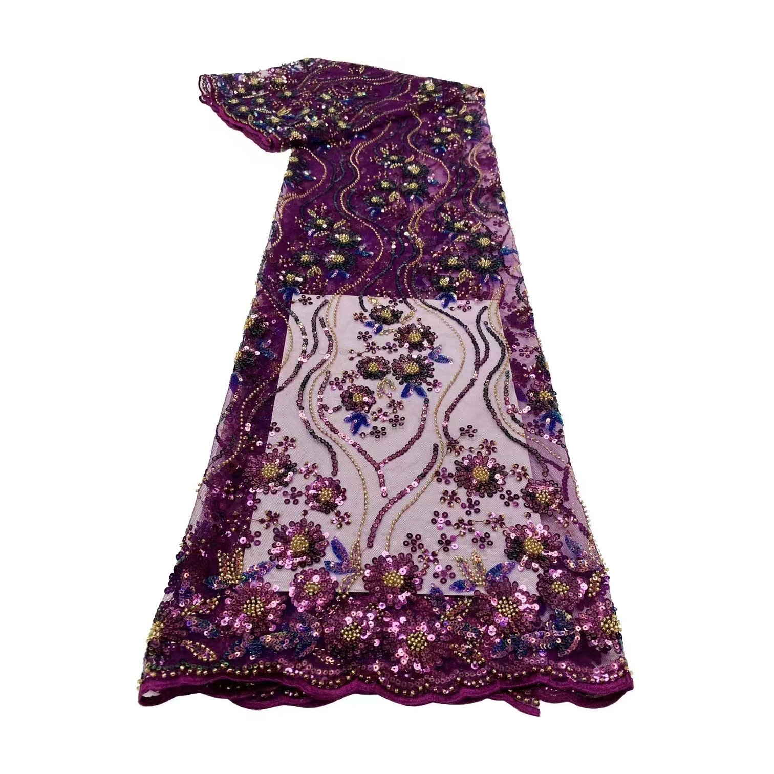 High Quality Wholesale Plant Flower Lace Sequin Bead Embroidery Fabric Natural Line Shape Colorful