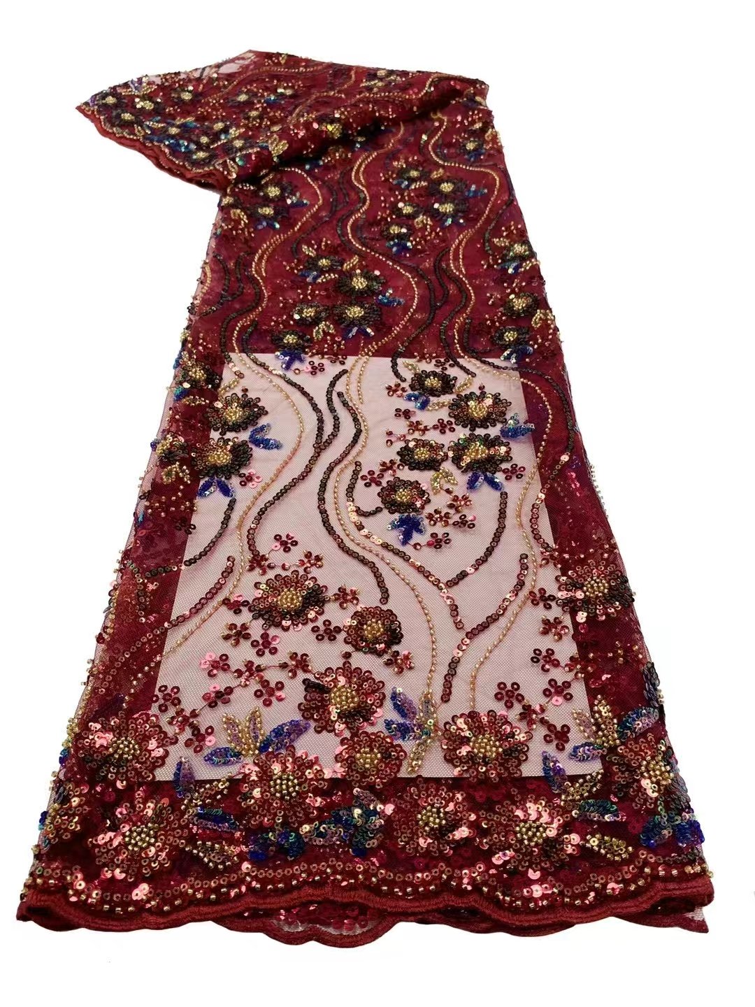 High Quality Wholesale Plant Flower Lace Sequin Bead Embroidery Fabric Natural Line Shape Colorful