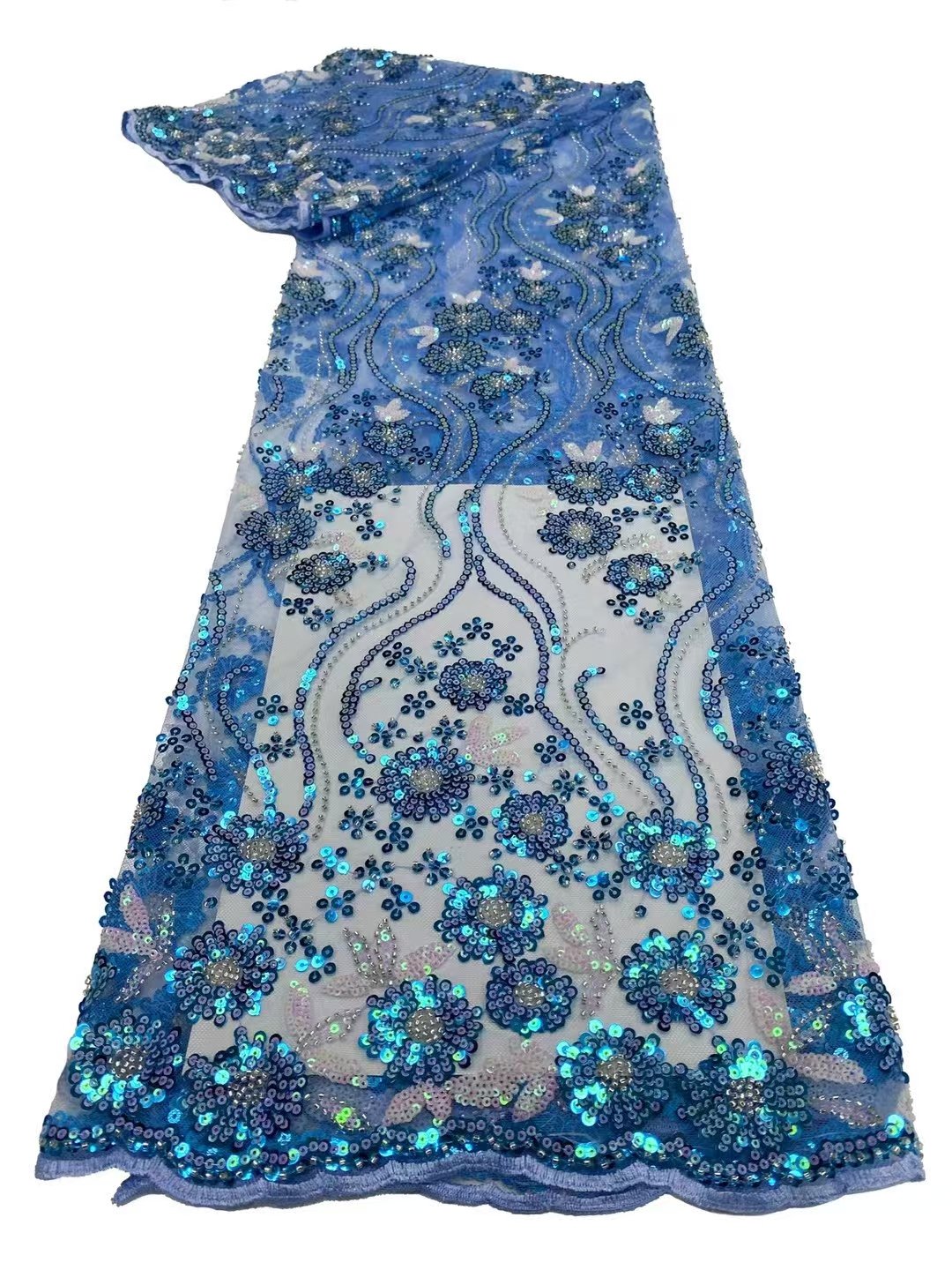 High Quality Wholesale Plant Flower Lace Sequin Bead Embroidery Fabric Natural Line Shape Colorful