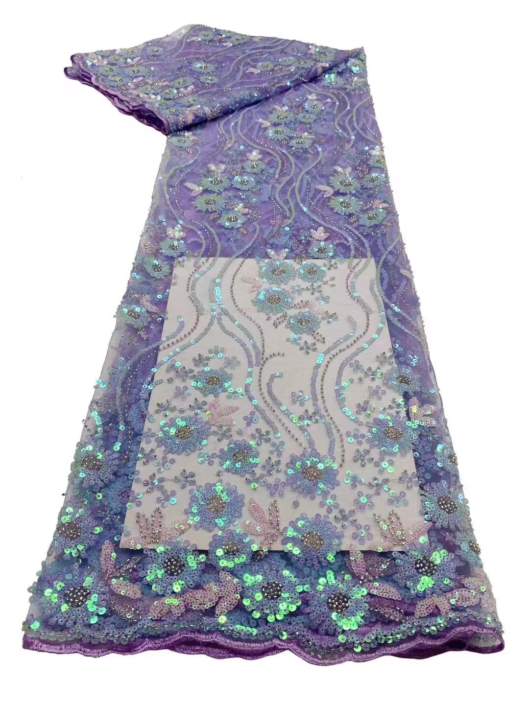 High Quality Wholesale Plant Flower Lace Sequin Bead Embroidery Fabric Natural Line Shape Colorful