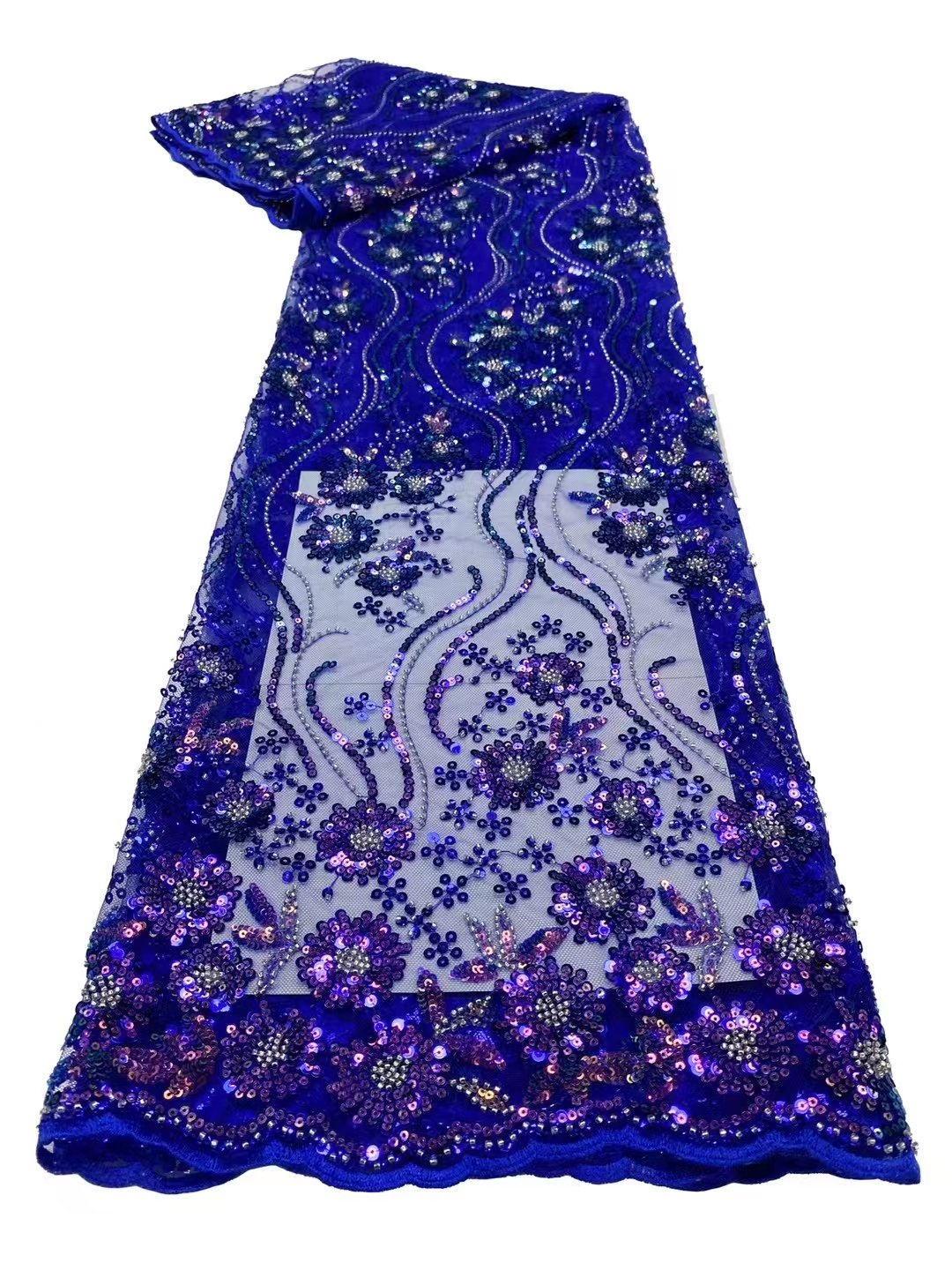 High Quality Wholesale Plant Flower Lace Sequin Bead Embroidery Fabric Natural Line Shape Colorful