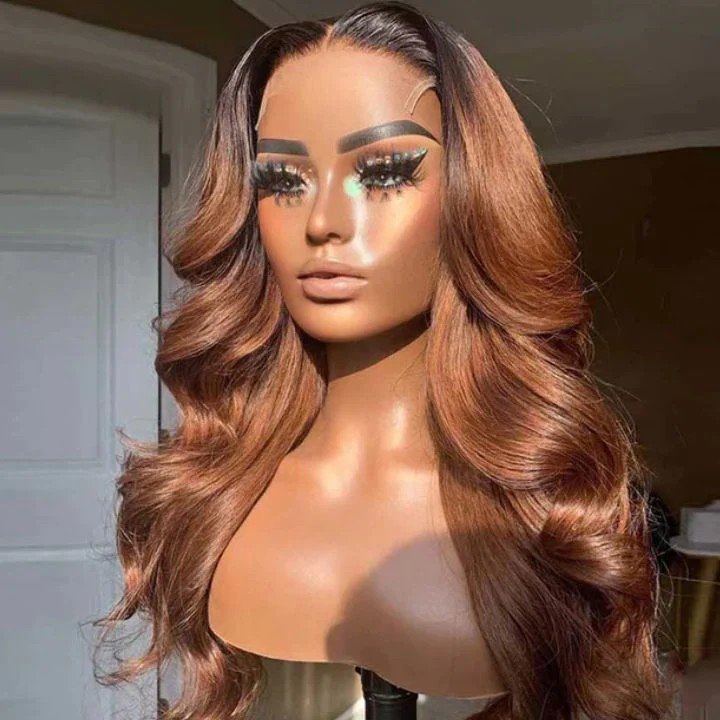 Glueless Balayage Light Brown Transparent Lace Closure Body Wave Wigs Human Hair 6x4 4x4 13x4 Lace Part Highlight Colored Wig