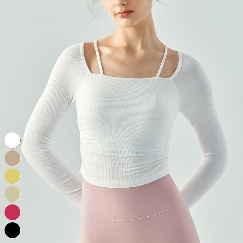 Ribbed Running Clothing Side Fold Fixed Pad Slim Fit Workout Sports Shirts Long Sleeve Gym Fitness Top Yoga T Shirt For Women