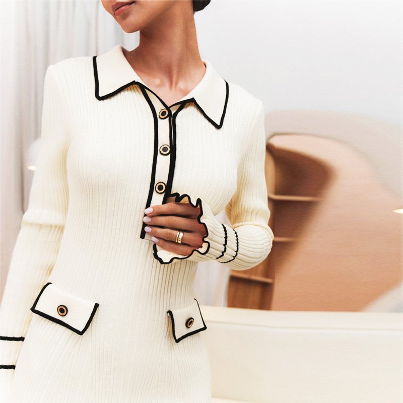 High Quality Solid Color Turn-down Collar Elegant Modest Casual Dresses for Women